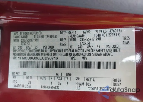 2014 Ford Escape Se z USA, uszkodzony, nr VIN 1FMCU9GX0EUD90716